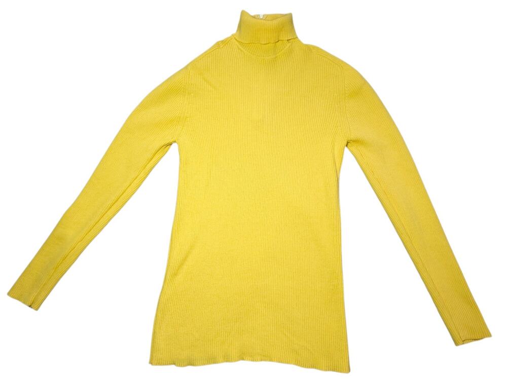 Vintage Yellow Pure Virgin Wool Ribbed Turtleneck Sweater Back Zip Size M